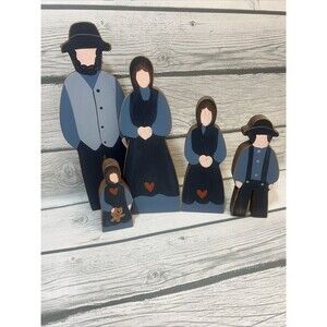 Vintage Wooden Amish Figures, Home Decor, Handpainted Couple And Kids